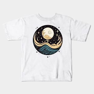 Abstract Moon Over Tree on Wavy Sea Kids T-Shirt